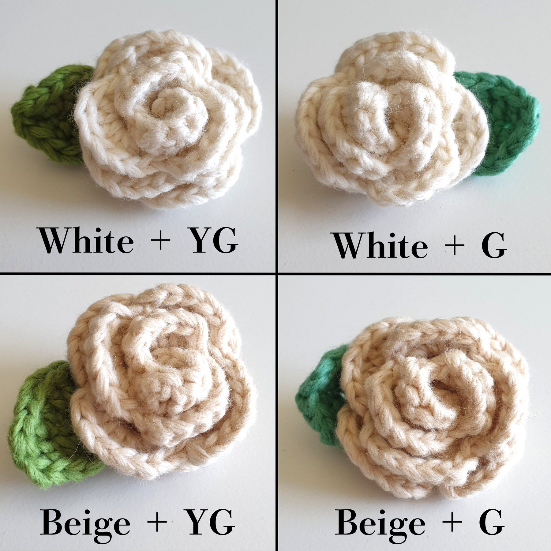 Hand Knitted Small Crochet Rose Flower + Leaf Brooch Country style - Red Yellow Black White Blue Pink (Type 2.3)