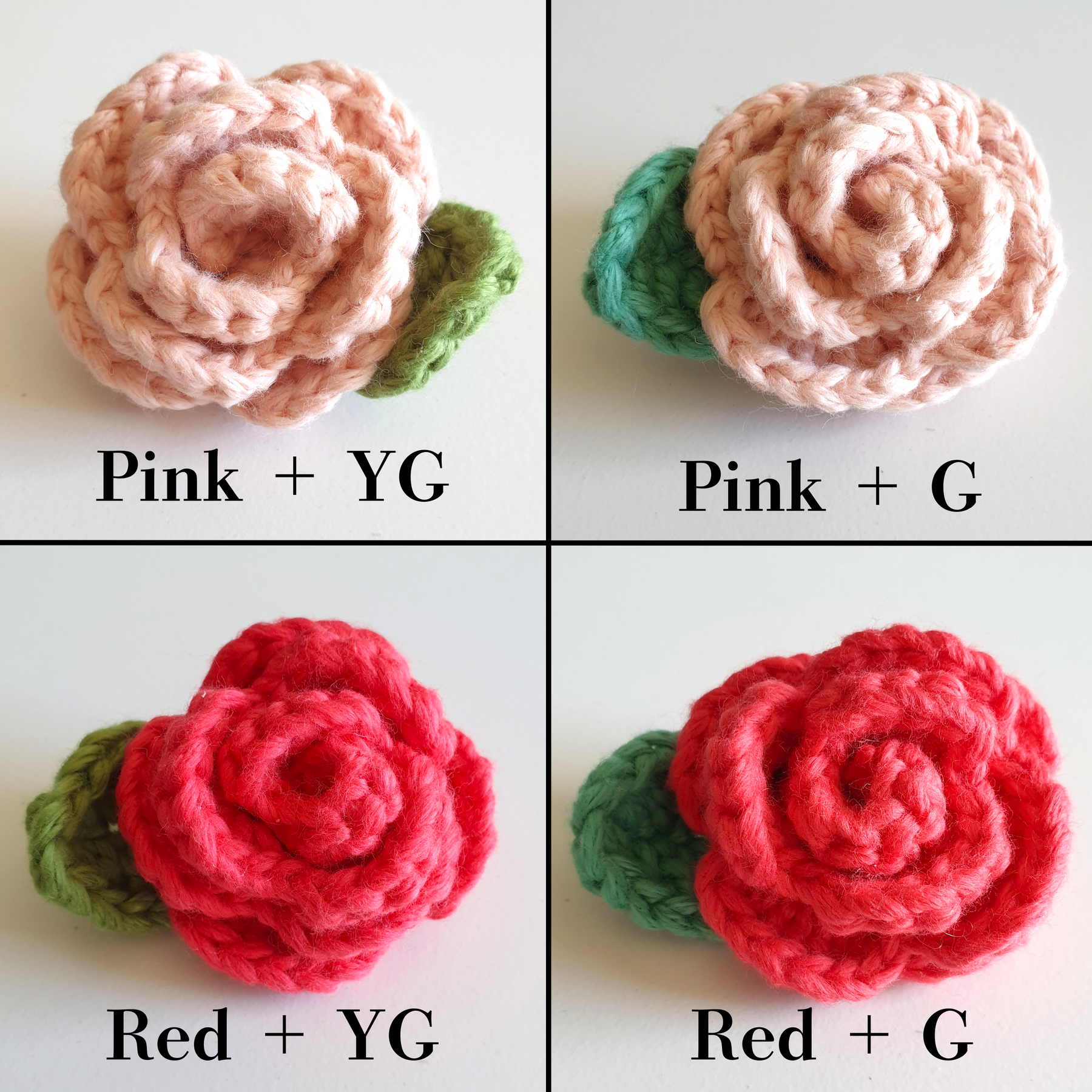 Hand Knitted Small Crochet Rose Flower + Leaf Brooch Country style - Red Yellow Black White Blue Pink (Type 2.3)