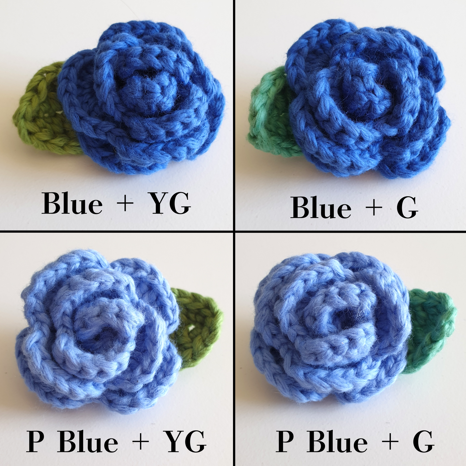 Hand Knitted Small Crochet Rose Flower + Leaf Brooch Country style - Red Yellow Black White Blue Pink (Type 2.3)