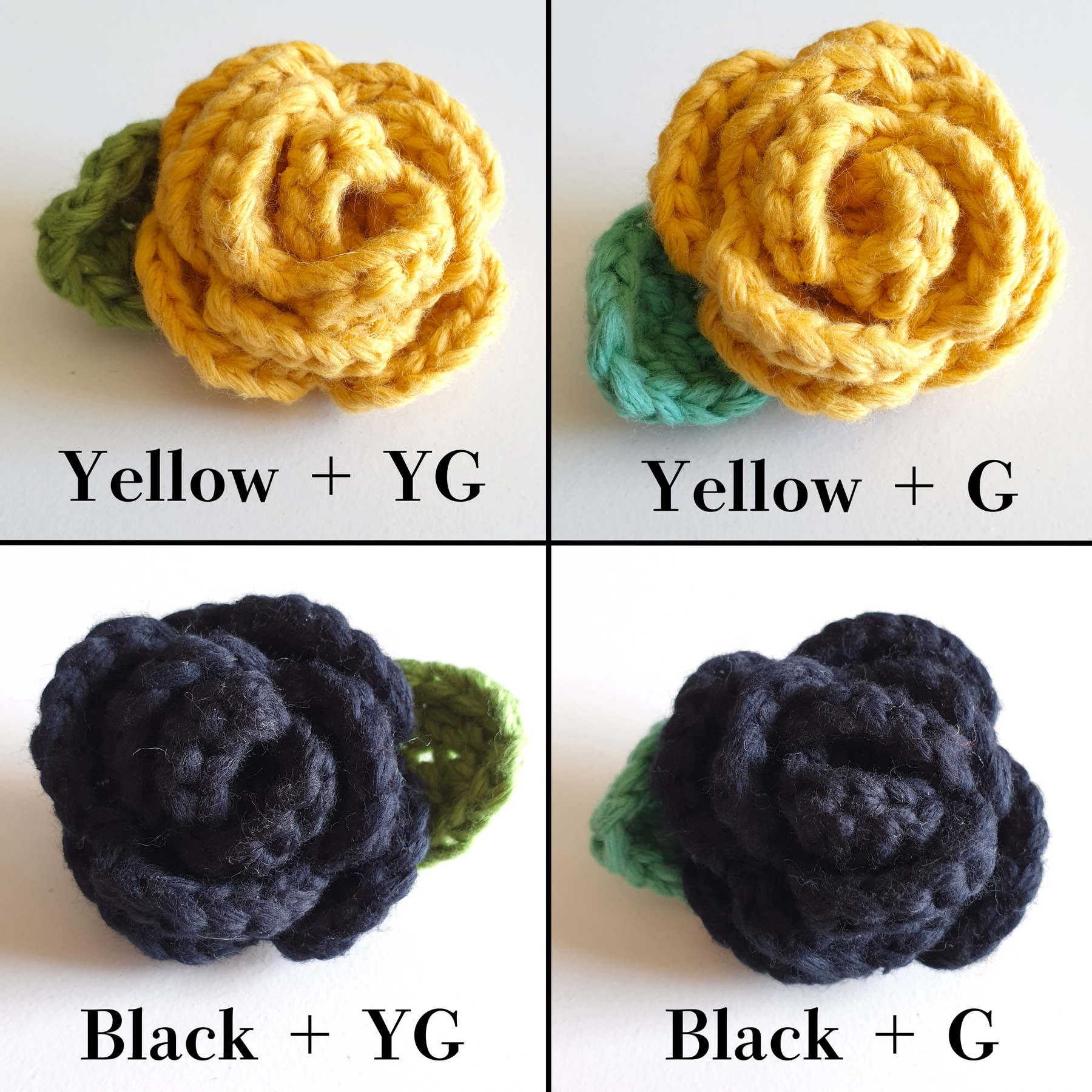 Hand Knitted Small Crochet Rose Flower + Leaf Brooch Country style - Red Yellow Black White Blue Pink (Type 2.3)