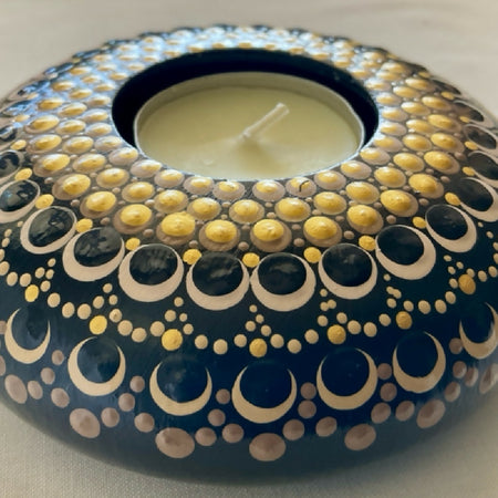 Hand-painted Tea-light Candle Holder Gift Boxed, Black and Gold