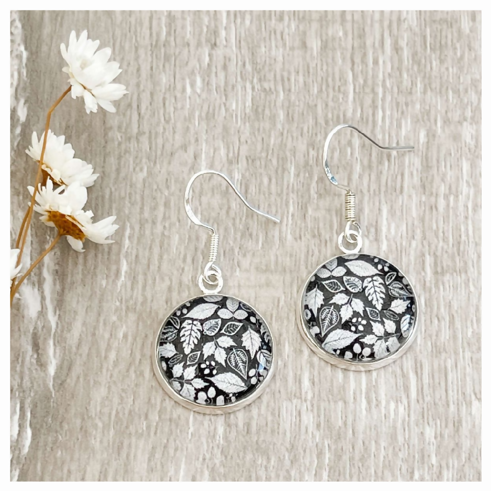 Leaf Earrings • Black and White Paper and Glass Earrings