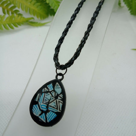 Blue Mosaic Eggshell Pendant on Braided Cord