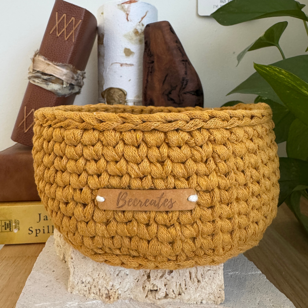 Medium size Warm neutral curry handmade basket | Sustainable recycled textile yarn