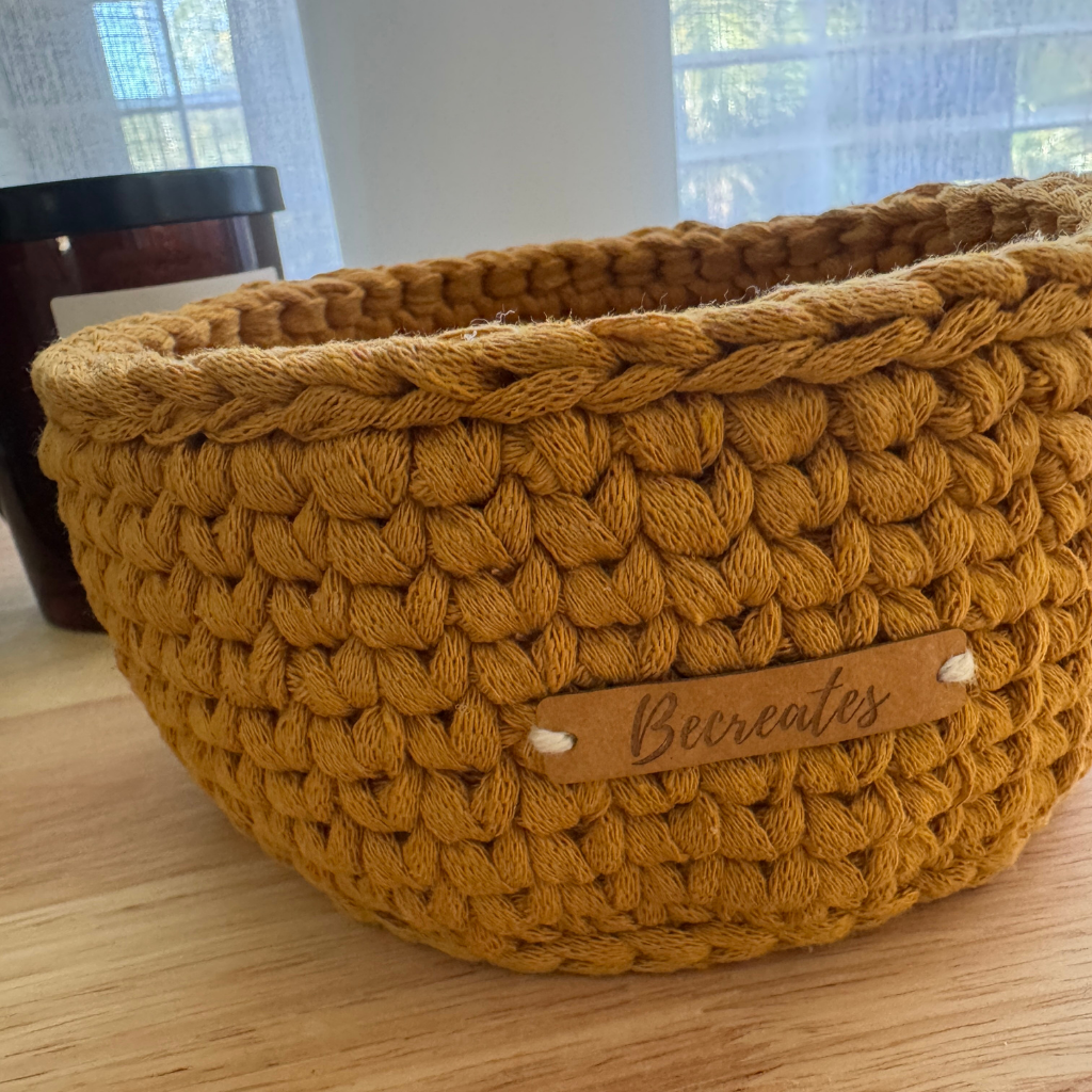 Medium size Warm neutral curry handmade basket | Sustainable recycled textile yarn