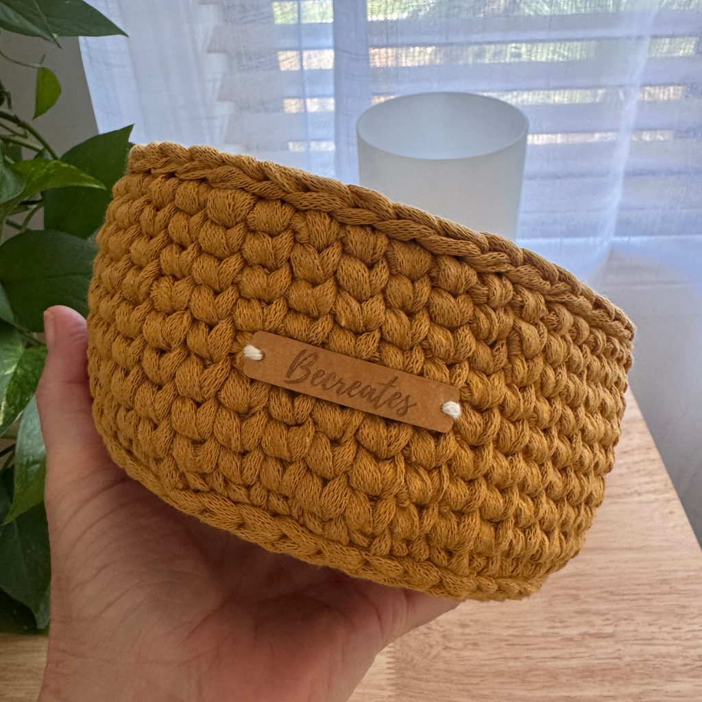Medium size Warm neutral curry handmade basket | Sustainable recycled textile yarn