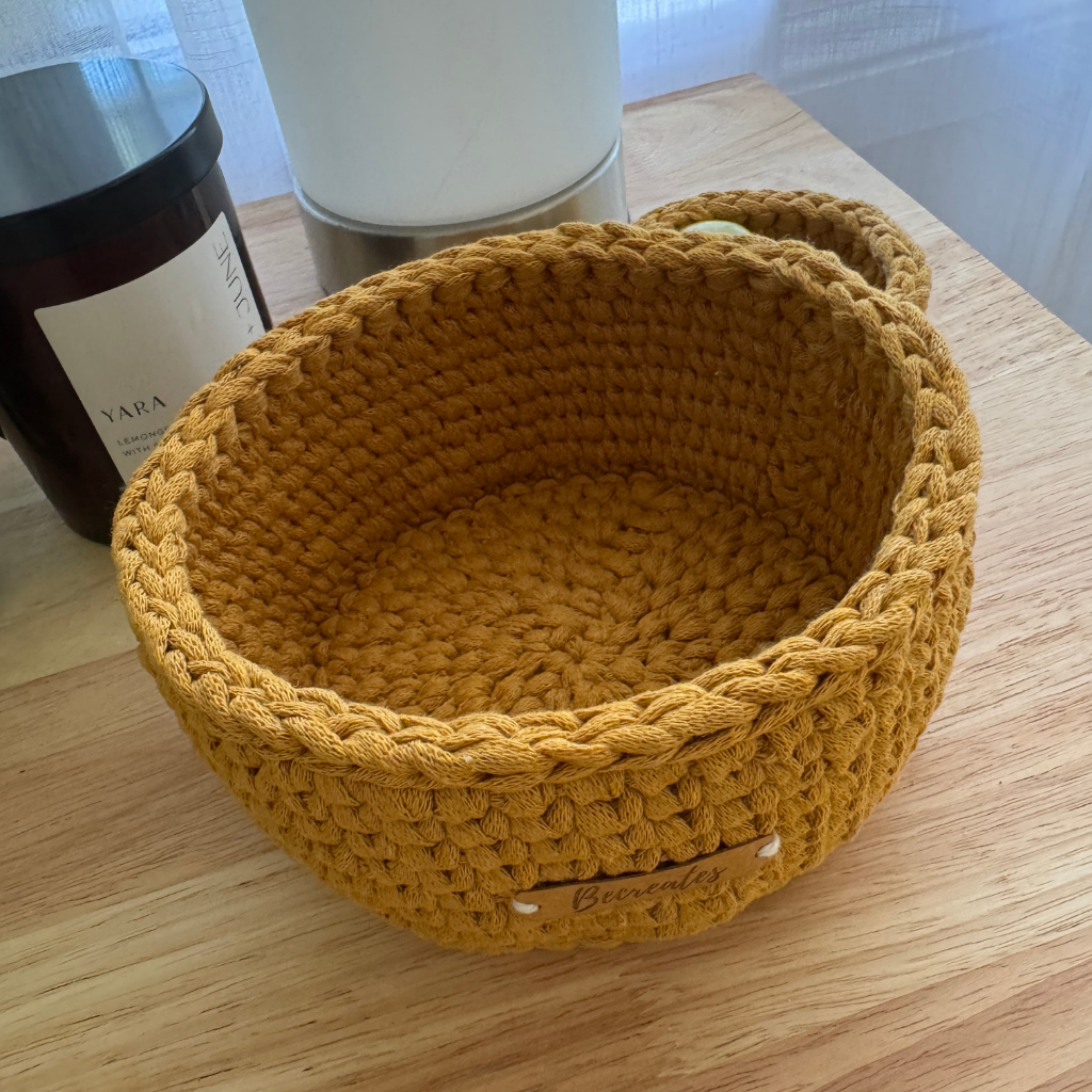 Medium size Warm neutral curry handmade basket | Sustainable recycled textile yarn