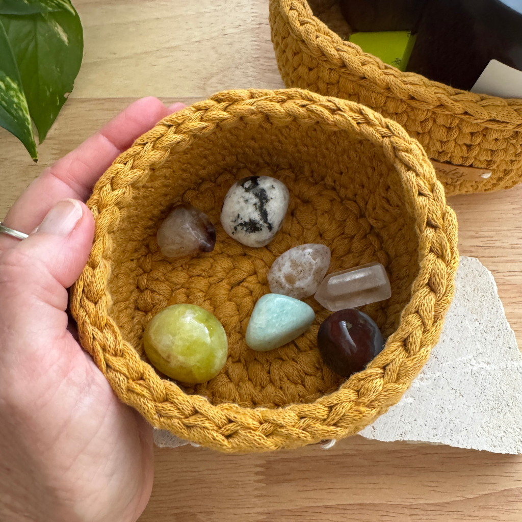 Warm neutral curry handmade basket | Pixie tall | Sustainable recycled textile yarn