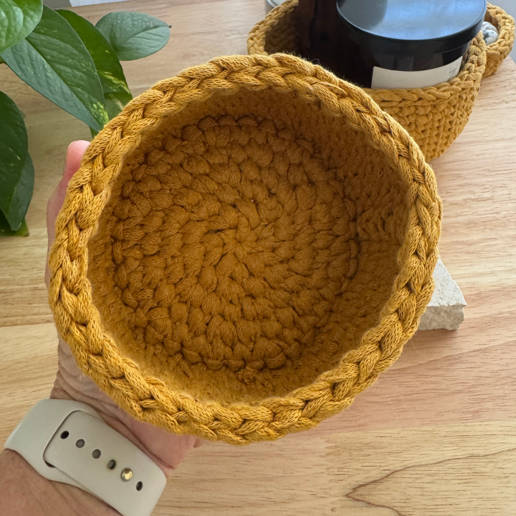 Warm neutral curry handmade basket | Pixie tall | Sustainable recycled textile yarn