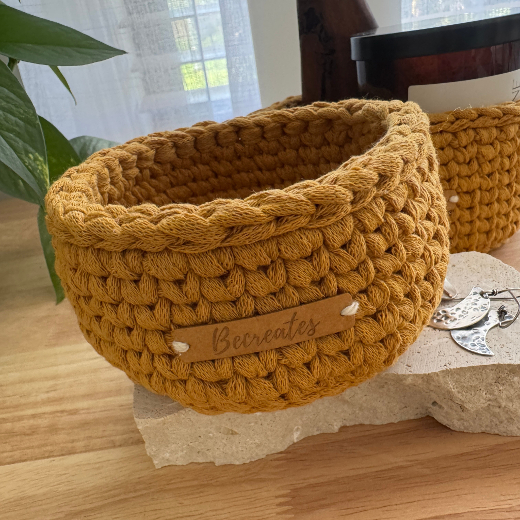 Warm neutral curry handmade basket | Pixie tall | Sustainable recycled textile yarn