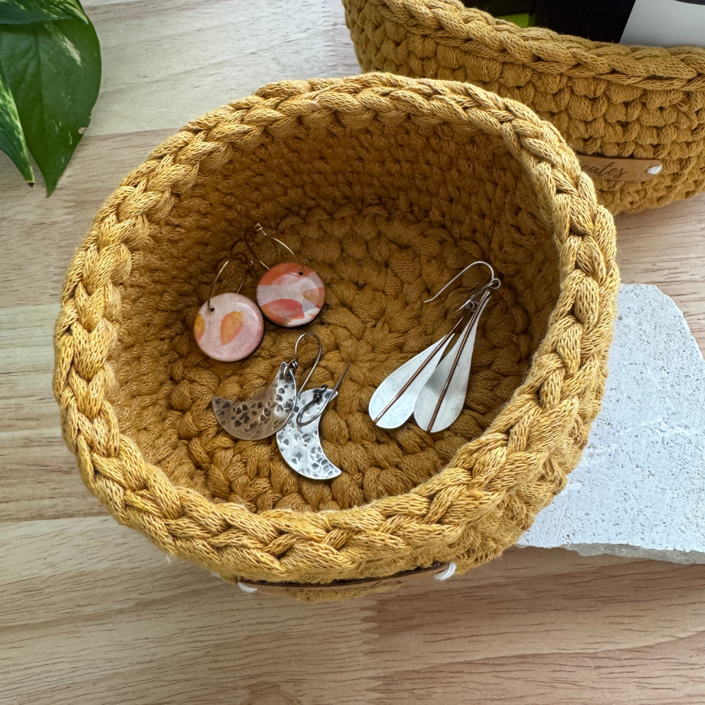 Warm neutral curry handmade basket | Pixie tall | Sustainable recycled textile yarn