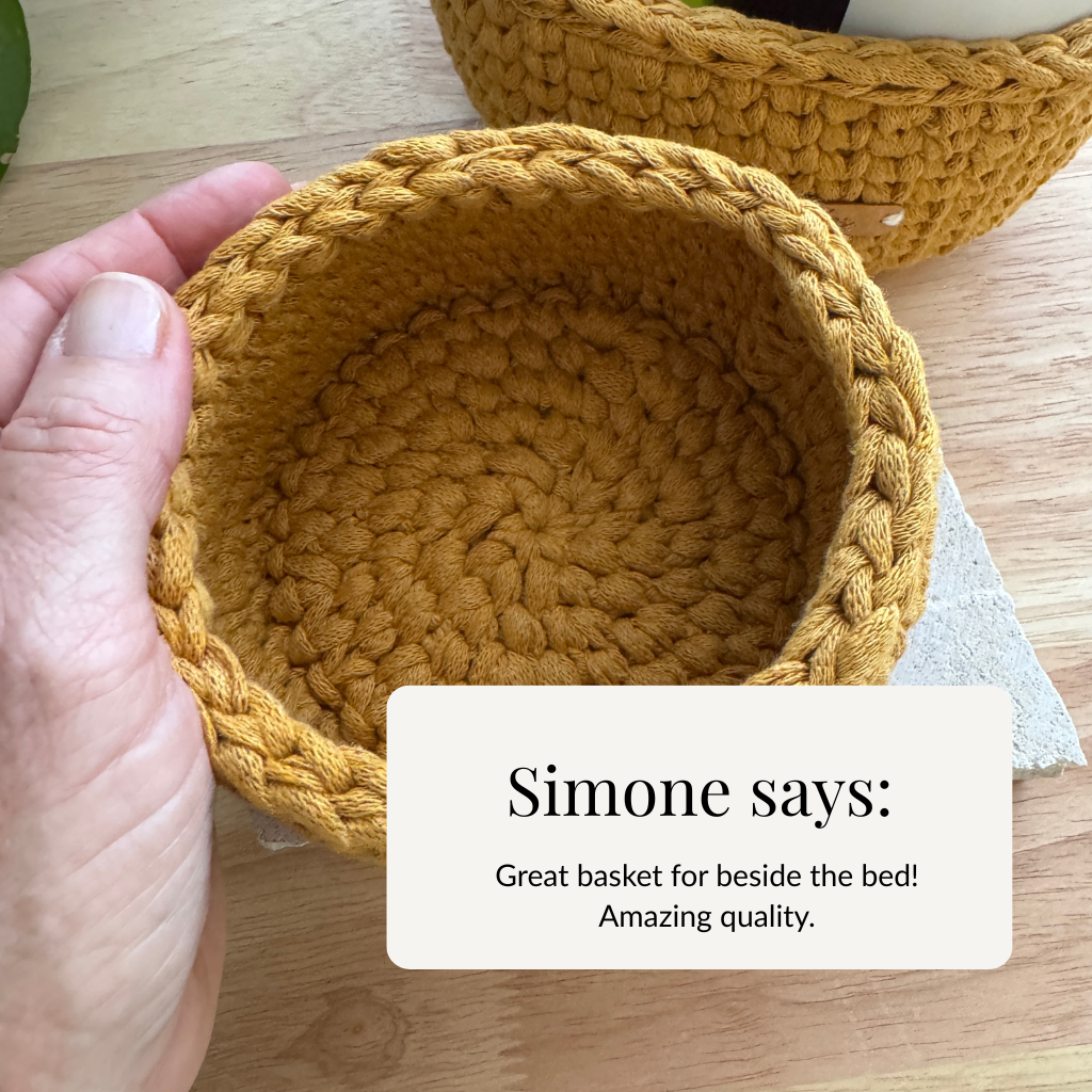 Warm neutral curry handmade basket | Pixie tall | Sustainable recycled textile yarn