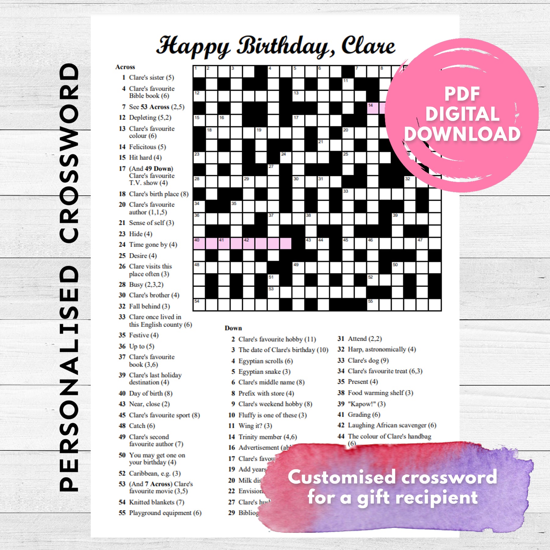 DIGITAL - Personalised Custom Crossword - Printable PDF