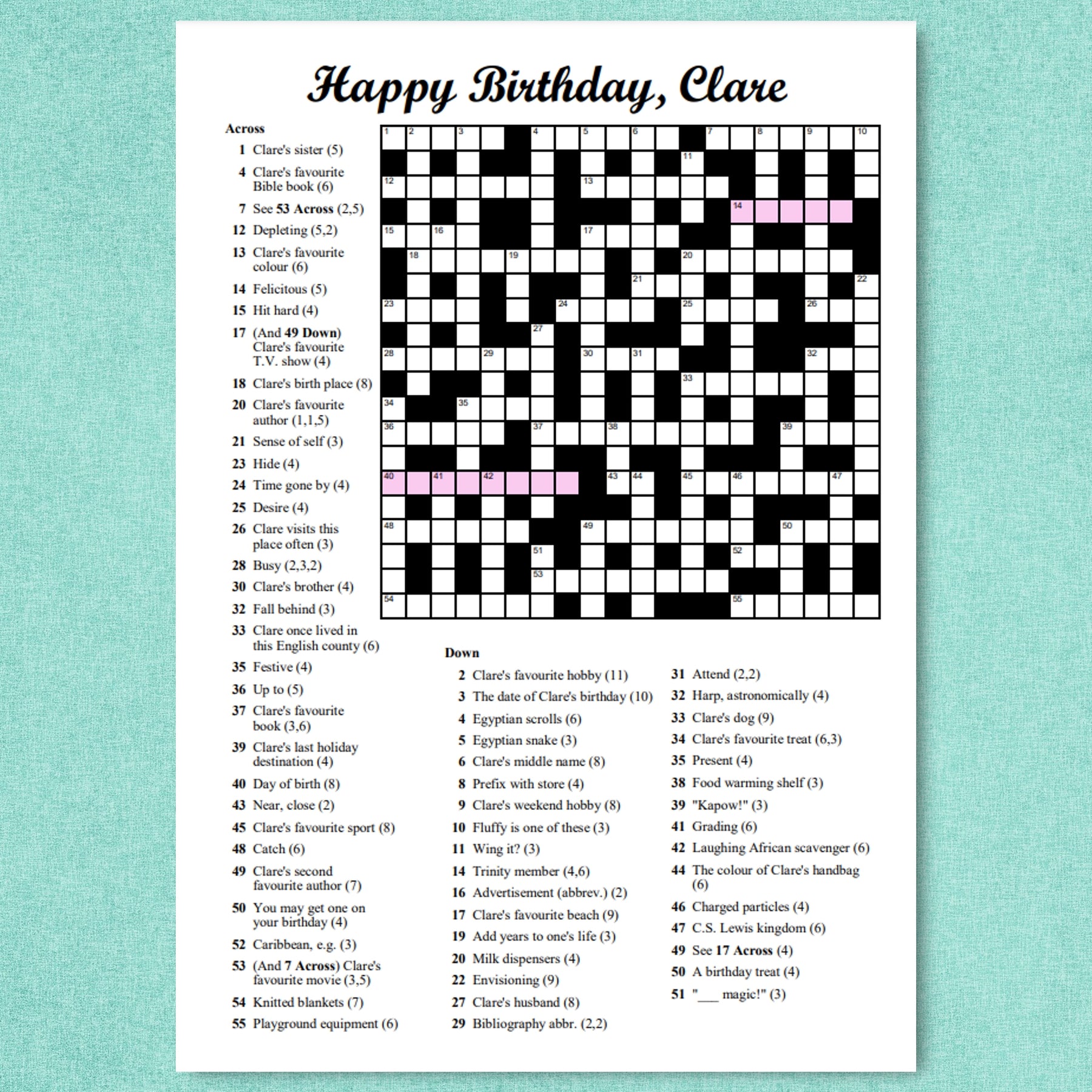 DIGITAL - Personalised Custom Crossword - Printable PDF