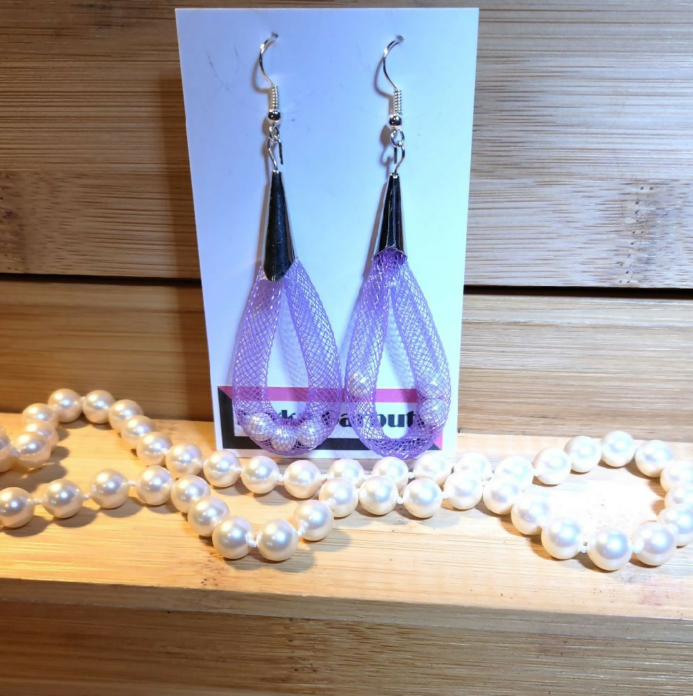 Dangle Earrings, purple nylon mesh with pearls