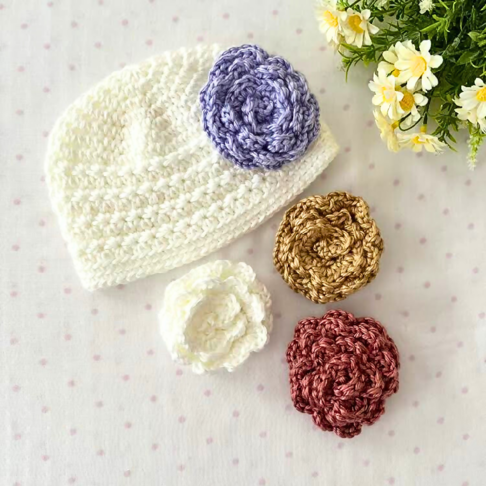 Crochet Baby Hat With Clip on Roses, Baby Rose Hat