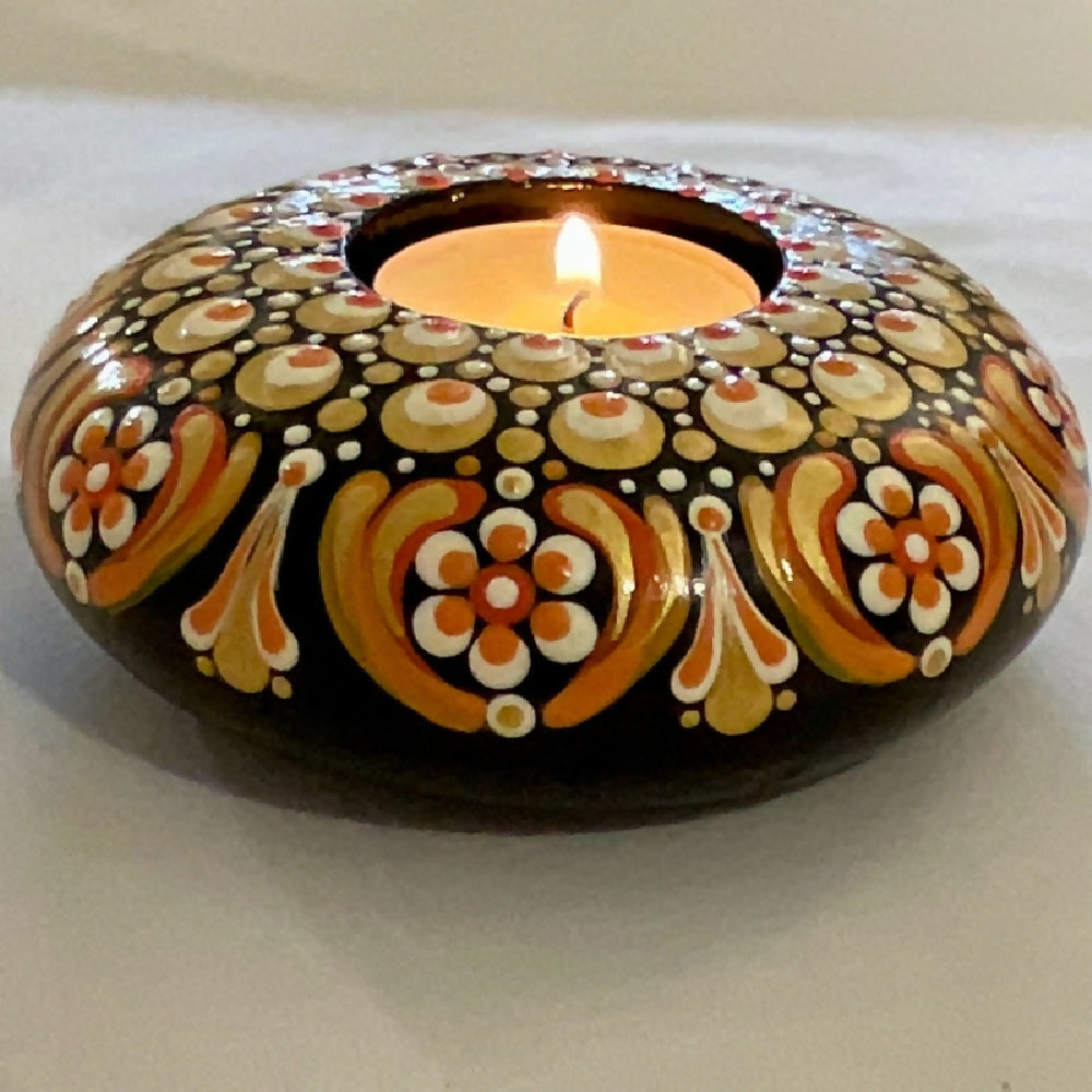 Unique Hand-painted Tea-light Candle Holder Gift Boxed, Orange, Red, Gold & Black