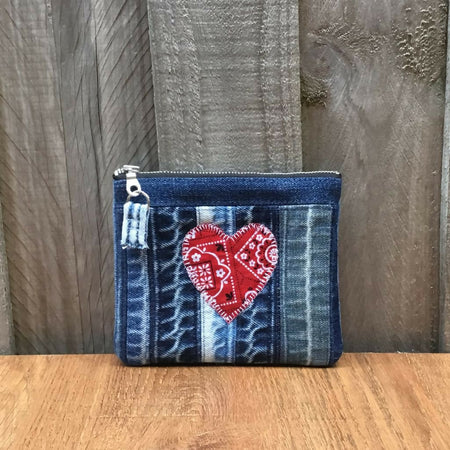 Upcycled Denim Purse – Red Paisley Heart