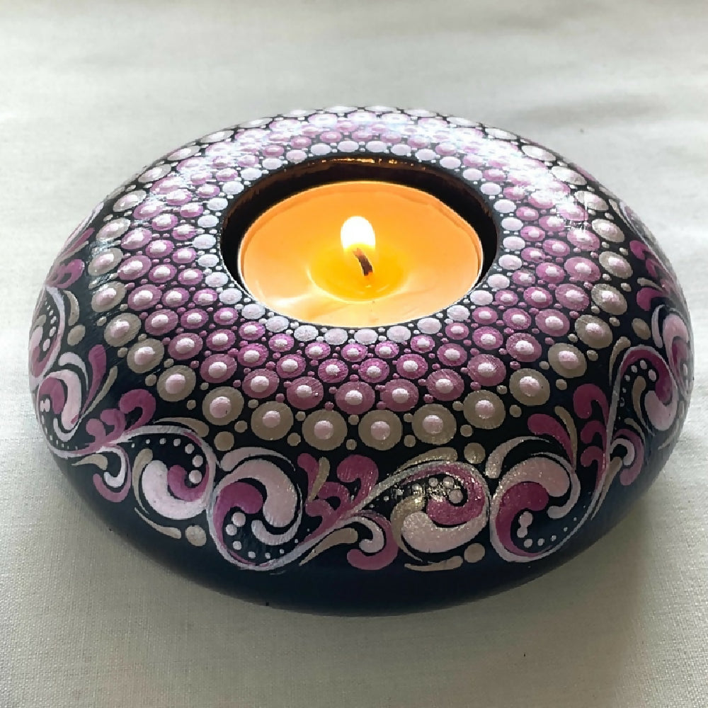 Hand-painted Tea-light Candle Holder Gift Boxed, Pink Silver, Table Decoration