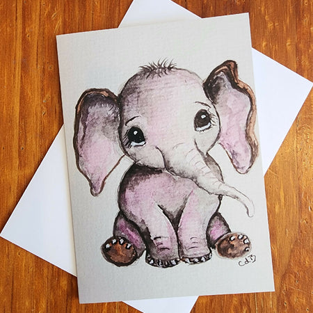 Pink Baby Elephant Watercolour Card