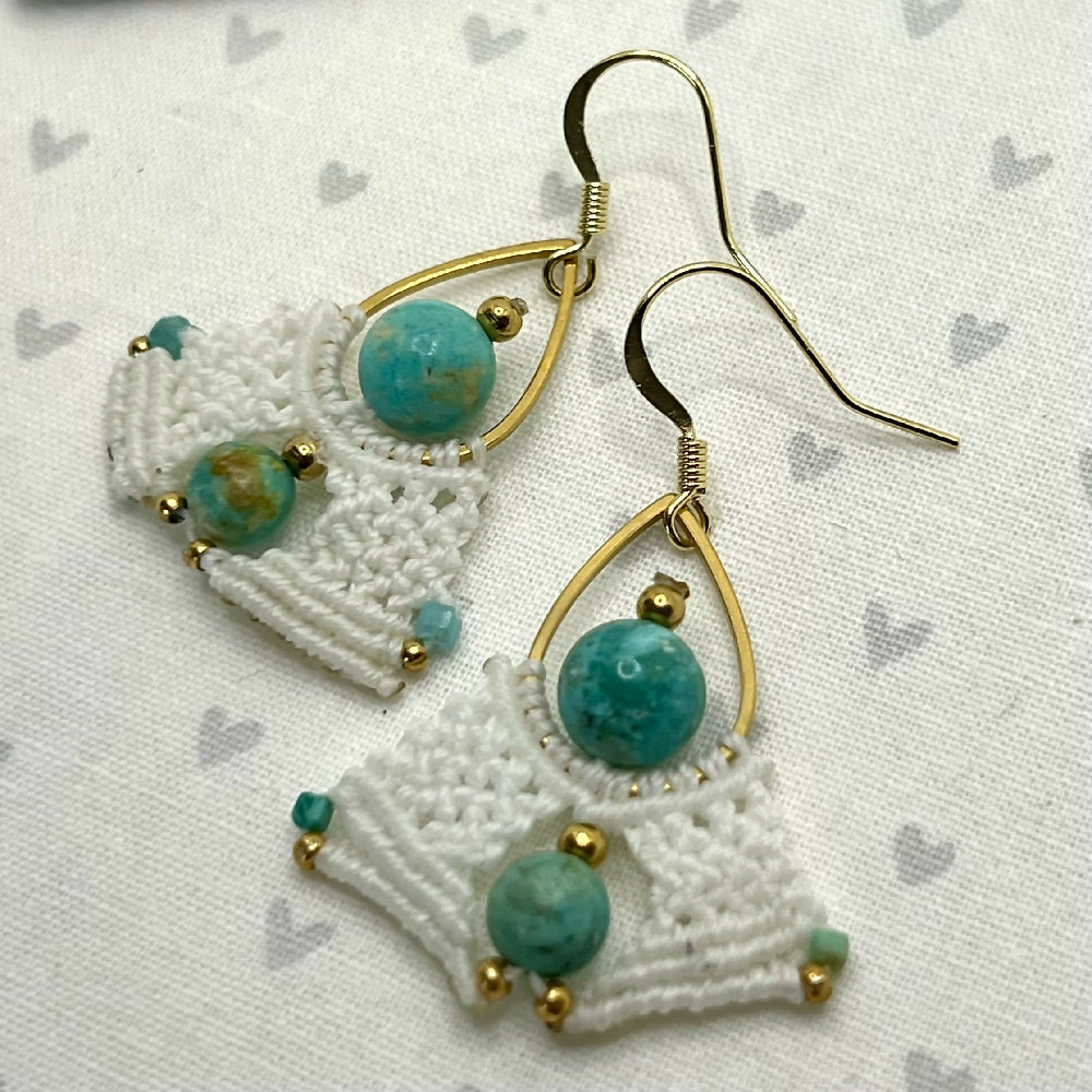 White lace & Turquoise Gemstone Micro Macrame Earrings +Free microfibre pouch