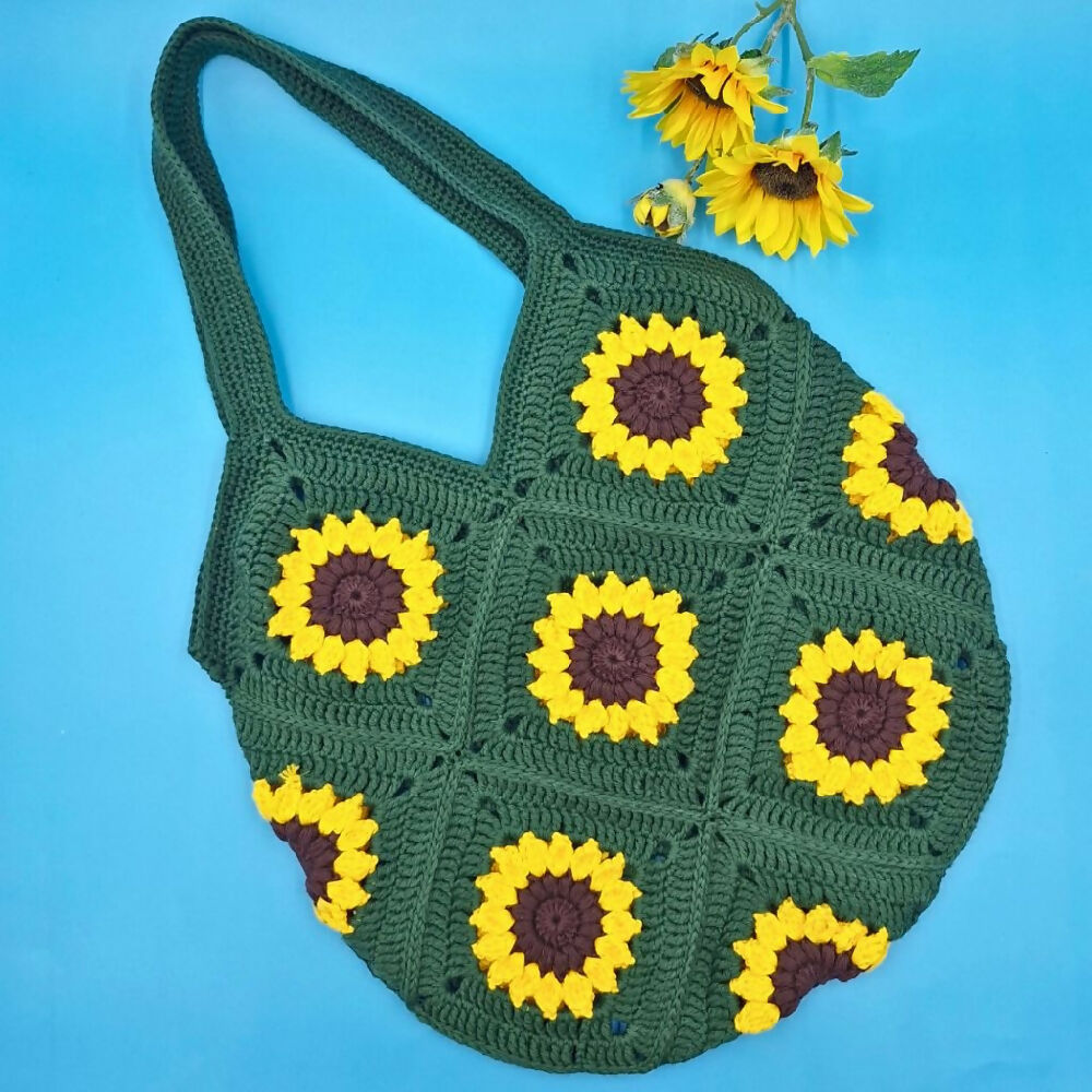 Tutti Fruitti Handmade Crocheted Sunflower Bag Green Front