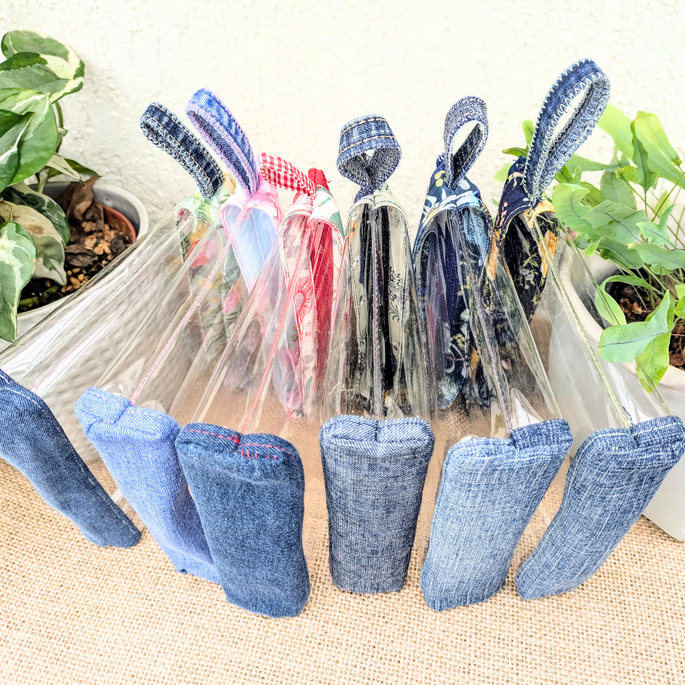 Clear Pouch Organiser with Upcycled Denim base Red botanical