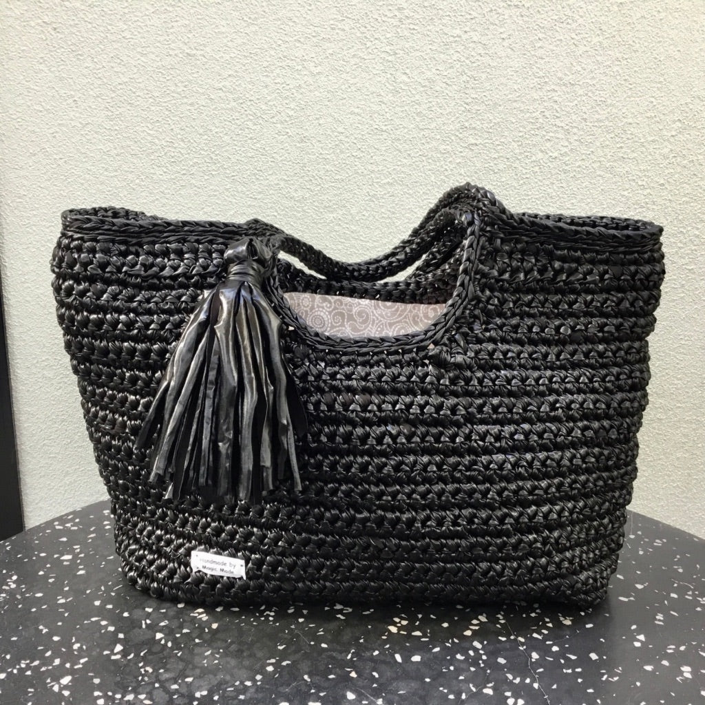 Crocheted Faux-Leather Basket Bag