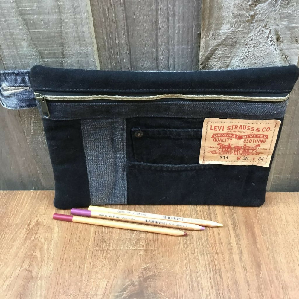 Black Upcycled Denim Pencil Case - Levi Patch