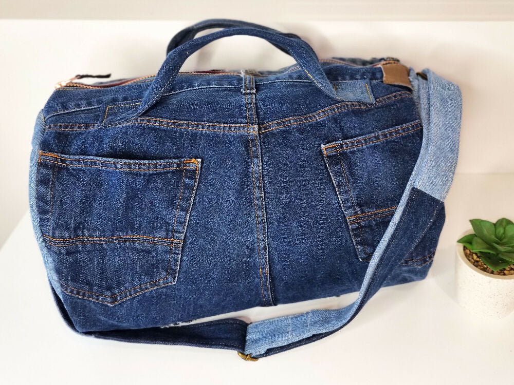 Overnight Bag in Upcycled Denim, Lined, Pockets