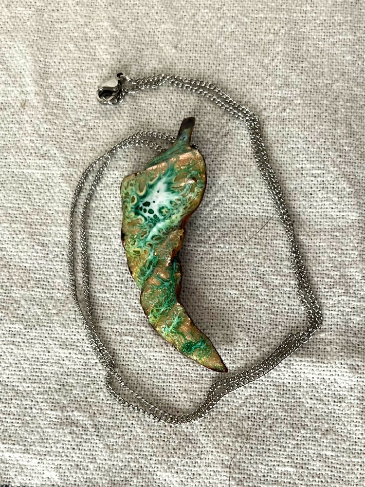 Enamelled copper folded pendant