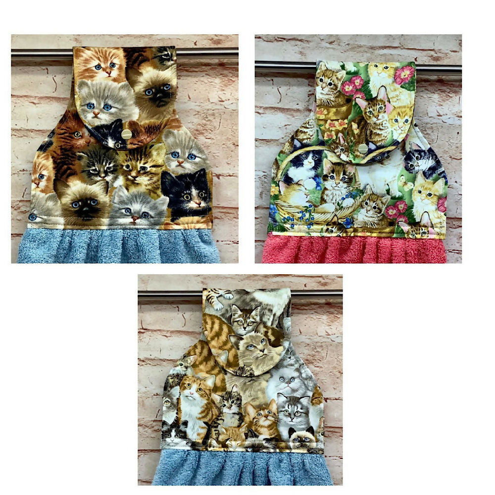 Cats and kittens hanging hand towel with fabric and loop top. - 3 Designs