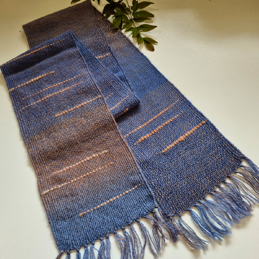 australian-artist-handmade-handwoven-blue-peach-wool-scarf-4