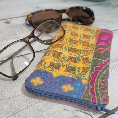 Upcycled double glasses pouch - golden yellow, pink & blue