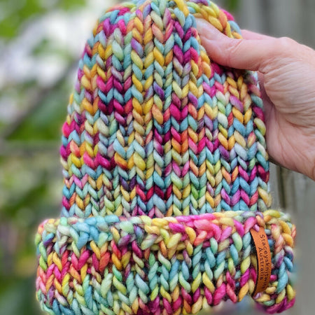 Hand Knitted Merino Beanie, Rainbow Winter Beanie