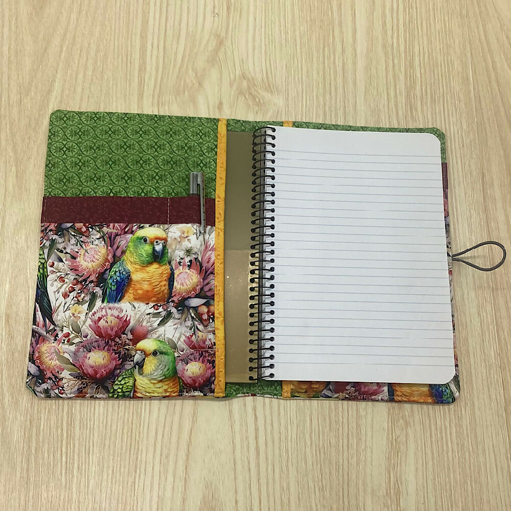 Australian birds parrots refillable A5 fabric notebook cover gift set - Incl. book and pen.