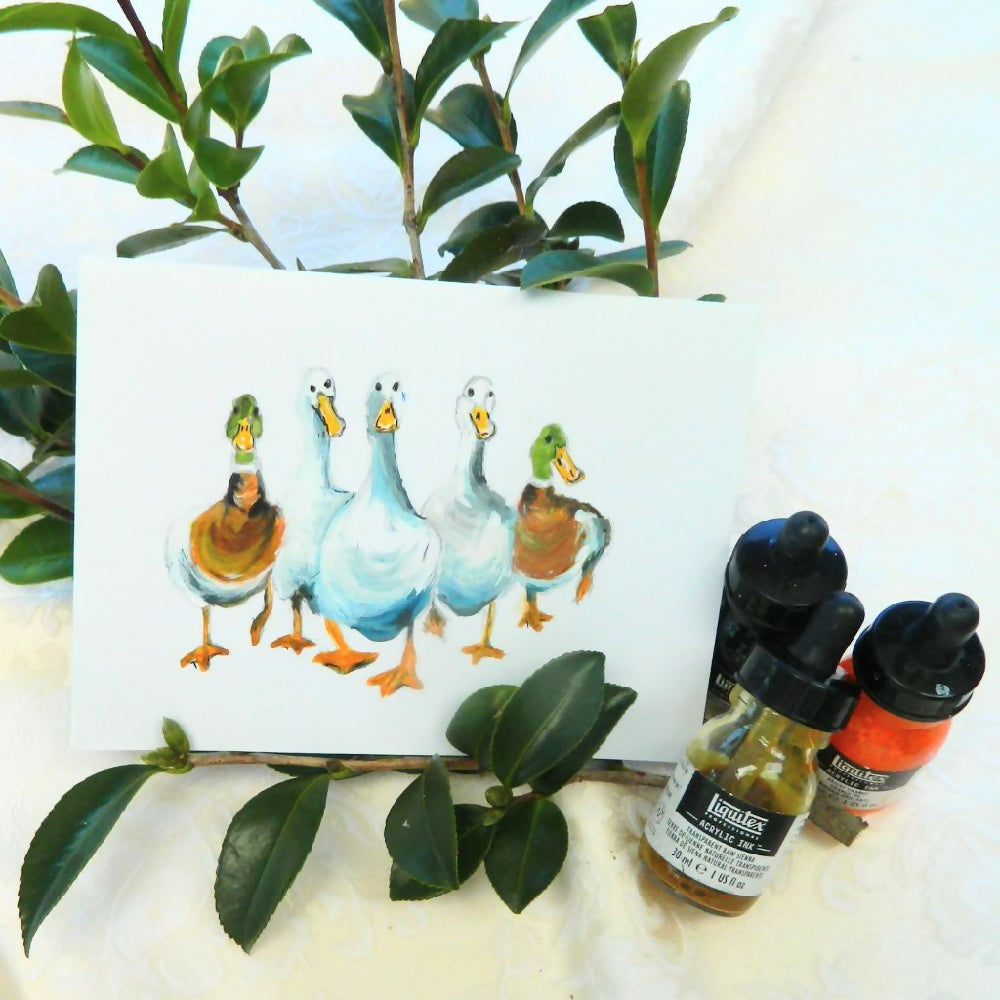 duck card with leaves and ink