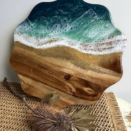 Scalloped Ocean Art Resin and Acacia Serving Board