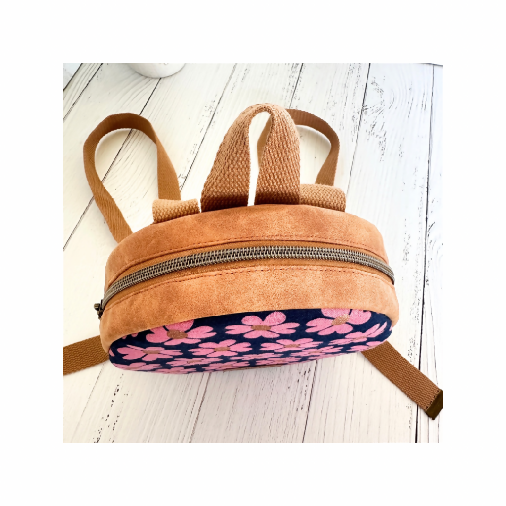 Mini Circle Backpack - Navy with Pink Flowers