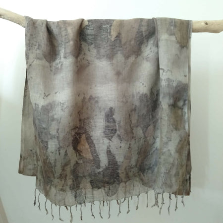 Linen wrap scarf eco printed with eucalyptus leaves