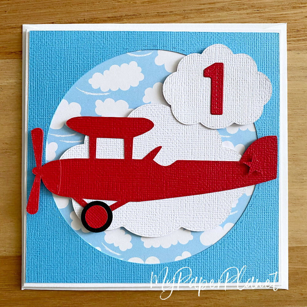 Red airplane birthday card, vintage plane card.