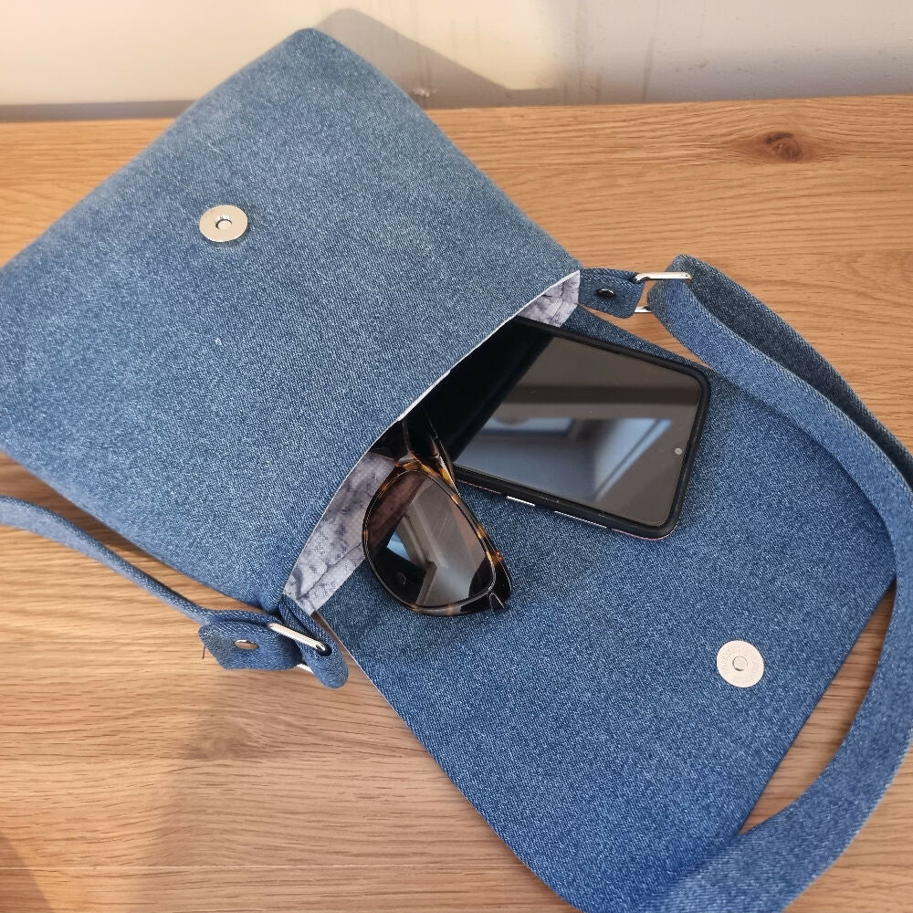 Upcycled mini messenger bag - denim & dusty flowers