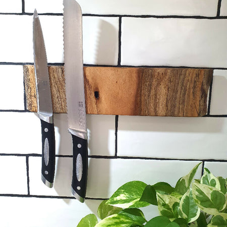 Magnetic Knife Holder, Wall Mounted, 28cm, Holds 5 knives,Australian Made, Marri Timber, Unique Wedding Present, Natural Edge