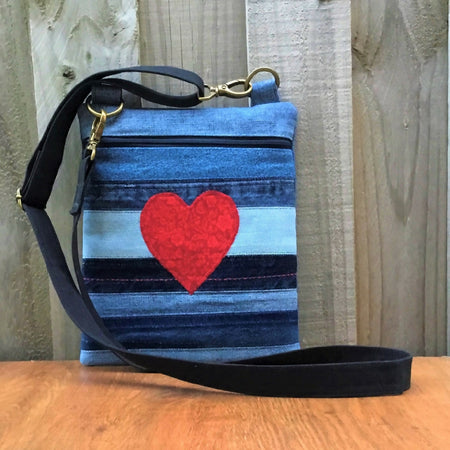 Upcycled Denim Cross Body Bag - Red Heart