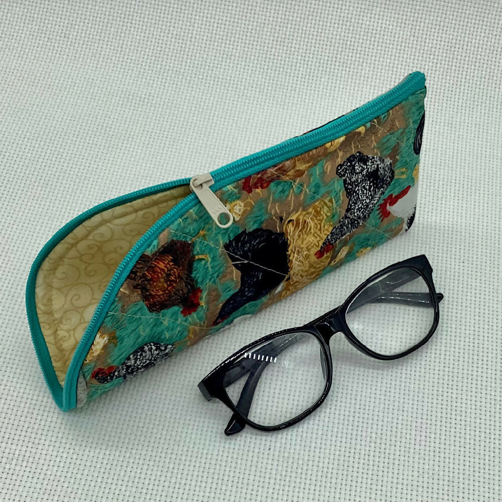 Hen And Chickens curved top zip pouch for glasses, phones, handbag organiser, etc.