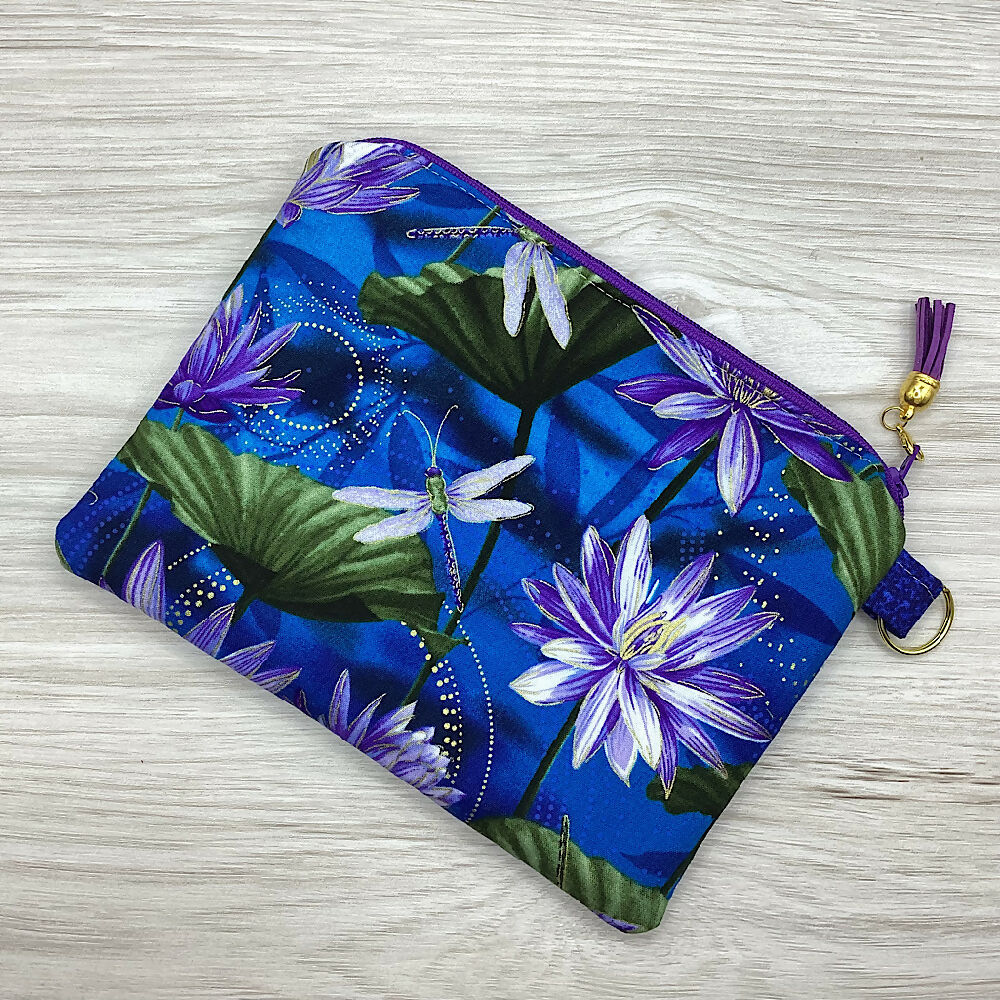 Dragonflies and waterlilies Zip Pouch (21cm x 16cm) Fully lined, lightly padded