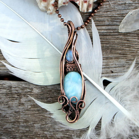 Larimar with Rainbow Moonstone accent in Copper with chain