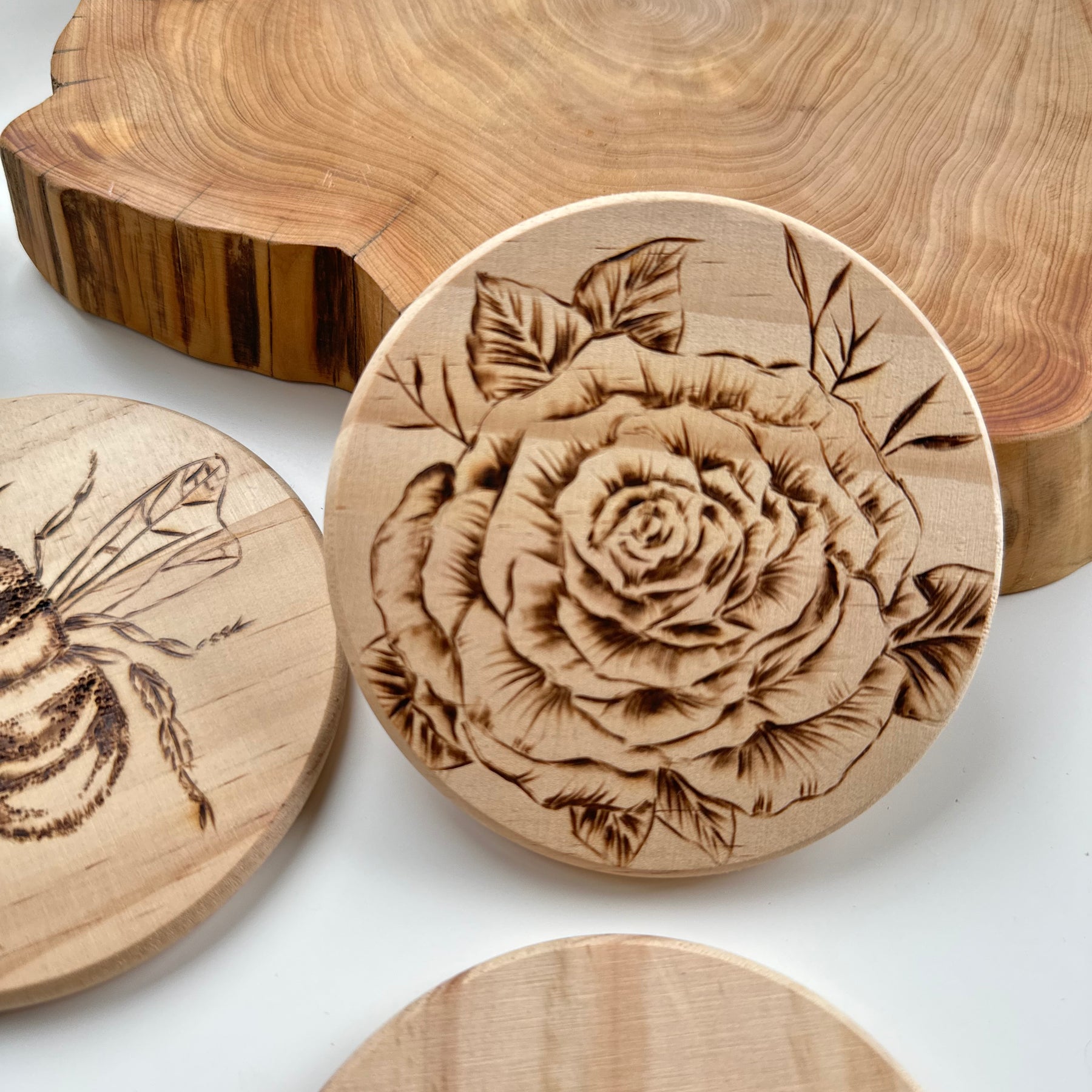 Pyrography Wood Coaster Honey Bee and Flower | Hand Burnt Stunning Coasters