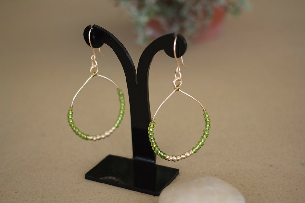 Green and Gold Seed Bead Hoop Earrings