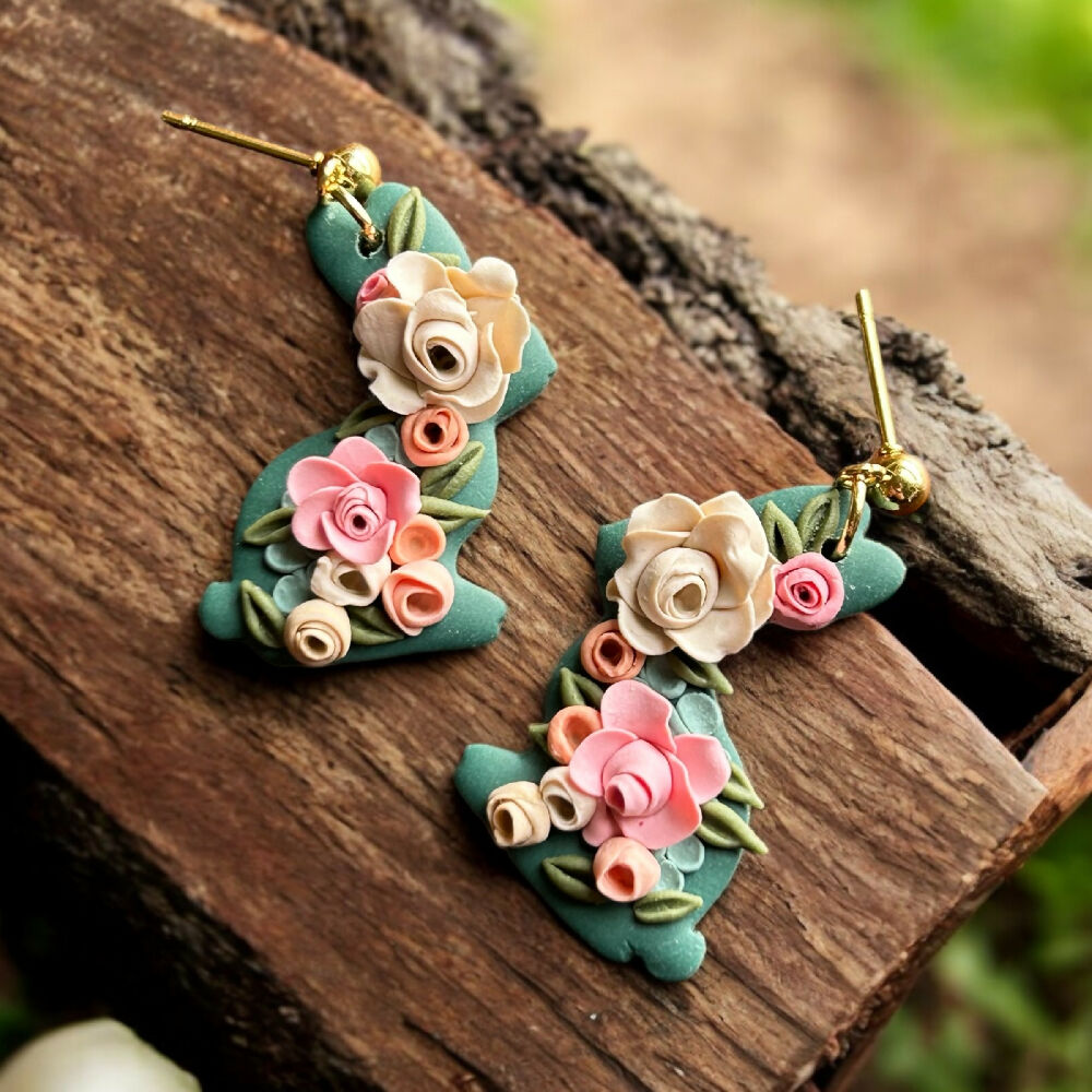 Floral Rose Green Rabbit Stud dangle Earrings